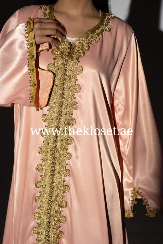 Peach Pink Long Dress With Golden Embroidery Design