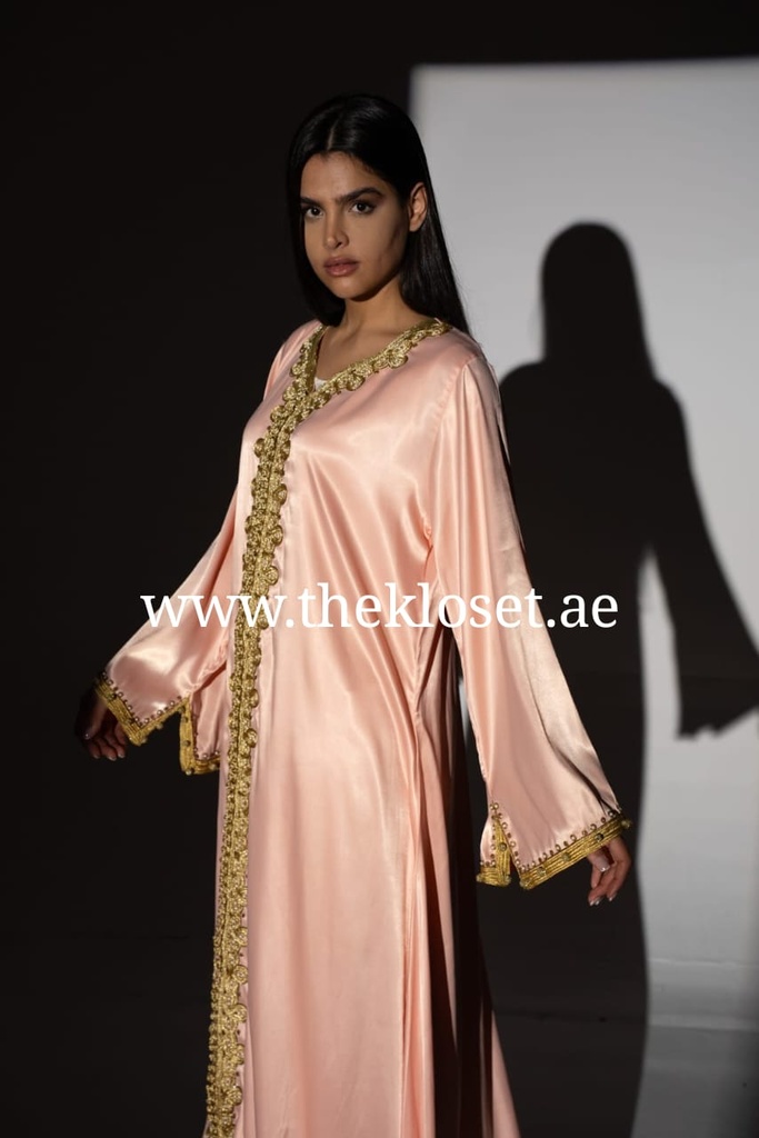 Peach Pink Long Dress With Golden Embroidery Design