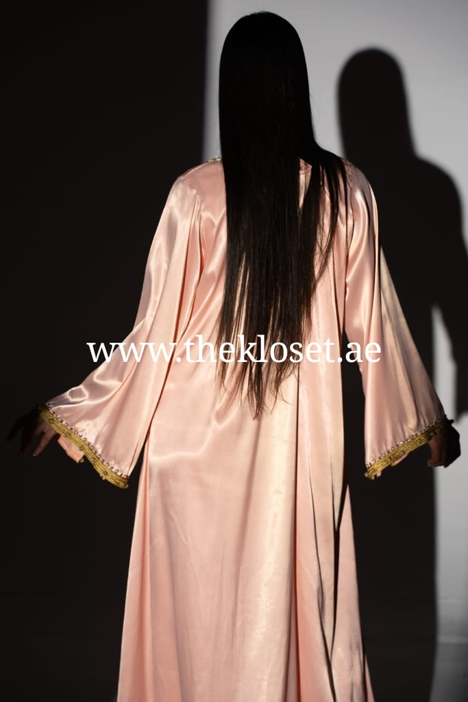 Peach Pink Long Dress With Golden Embroidery Design
