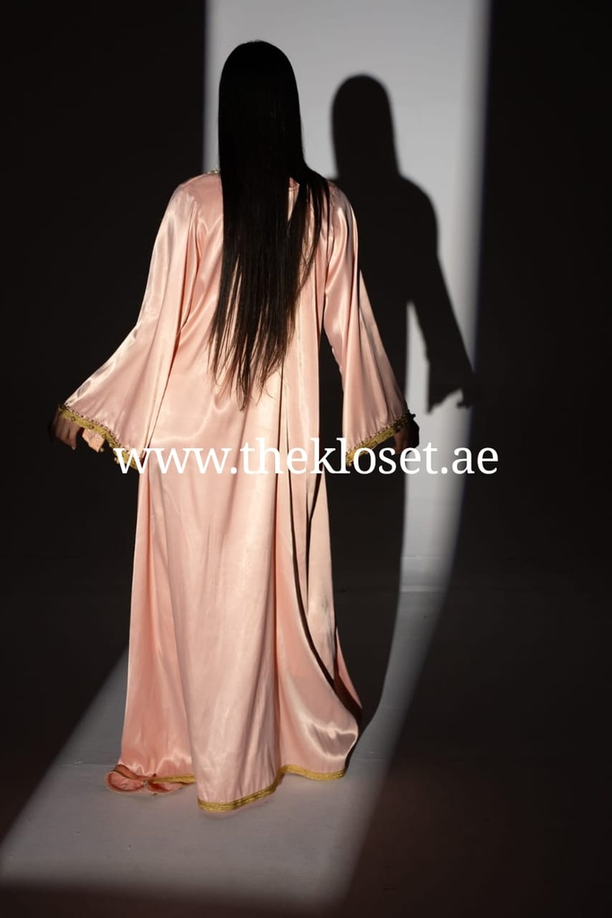 Peach Pink Long Dress With Golden Embroidery Design