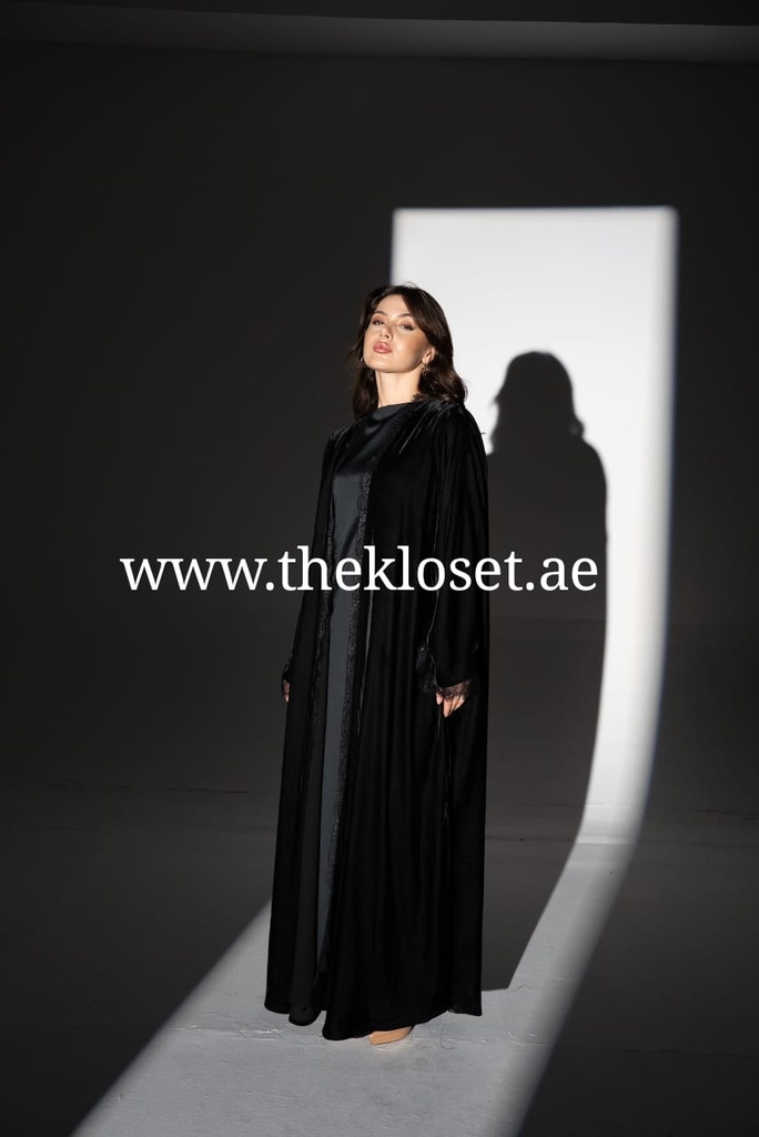 Luxury Black Velvet Abaya with Lace Trim