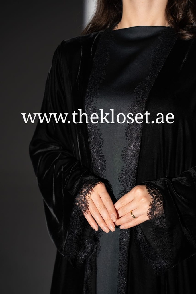Luxury Black Velvet Abaya with Lace Trim