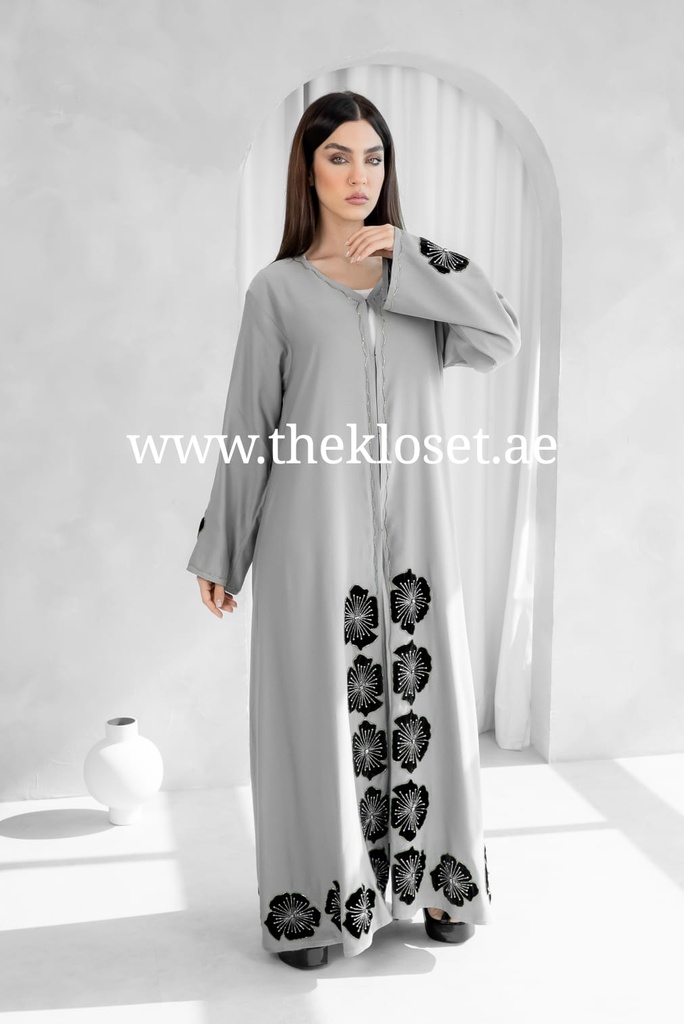 Handmade Flowers Embroidered Elegance Grey Abaya