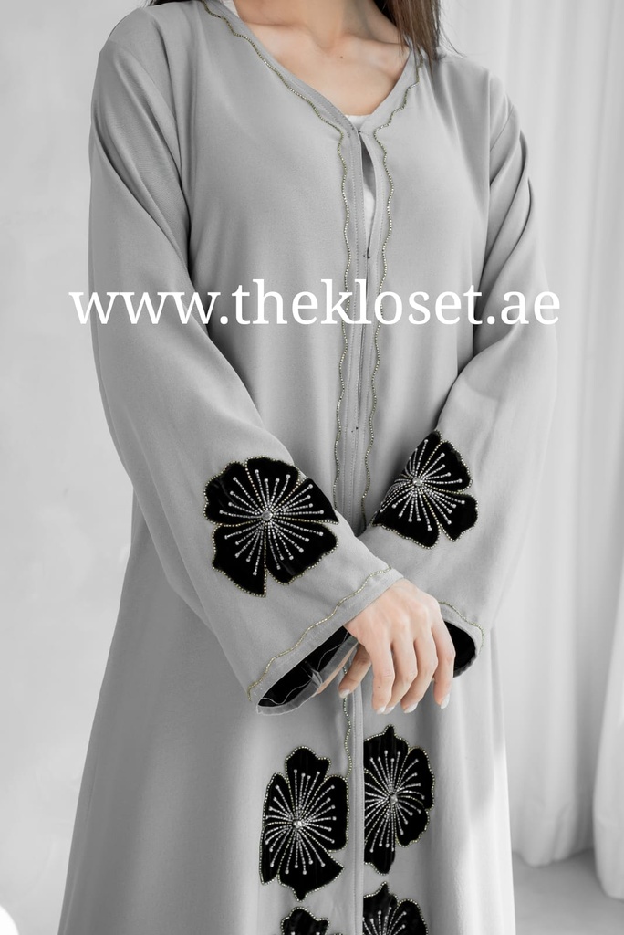 Handmade Flowers Embroidered Elegance Grey Abaya