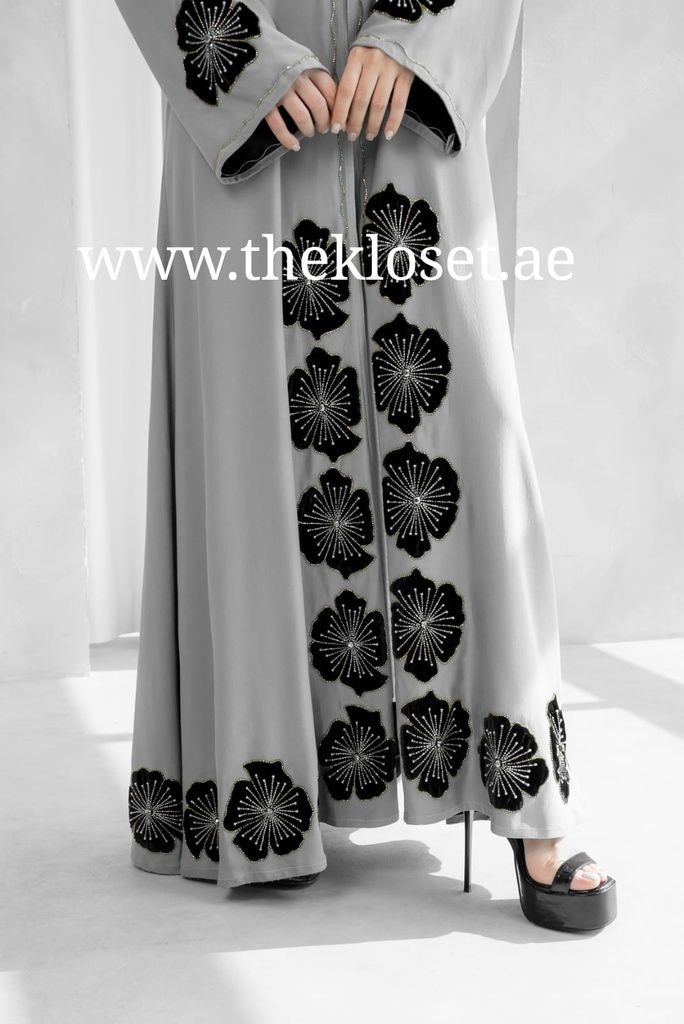 Handmade Flowers Embroidered Elegance Grey Abaya