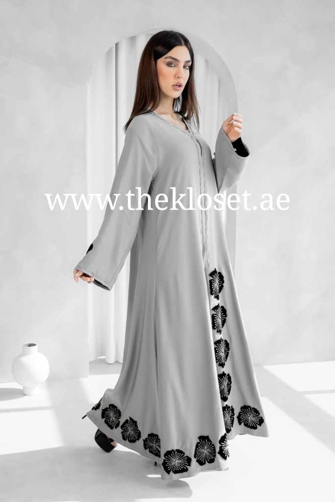 Handmade Flowers Embroidered Elegance Grey Abaya