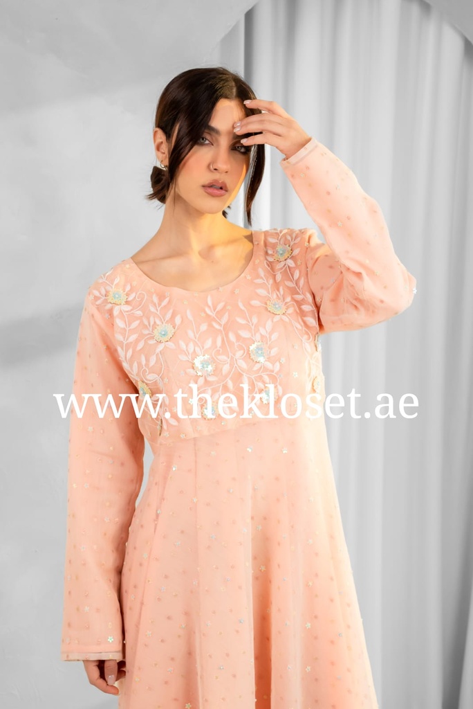 Peach Embroidered flower Design Midi Dress