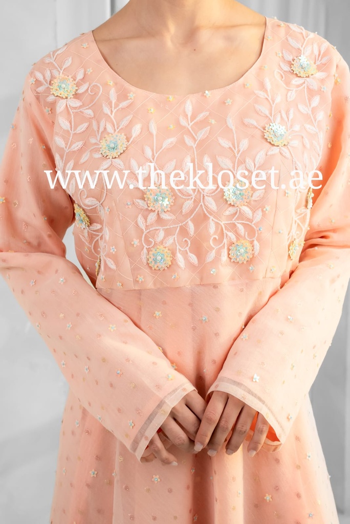 Peach Embroidered flower Design Midi Dress