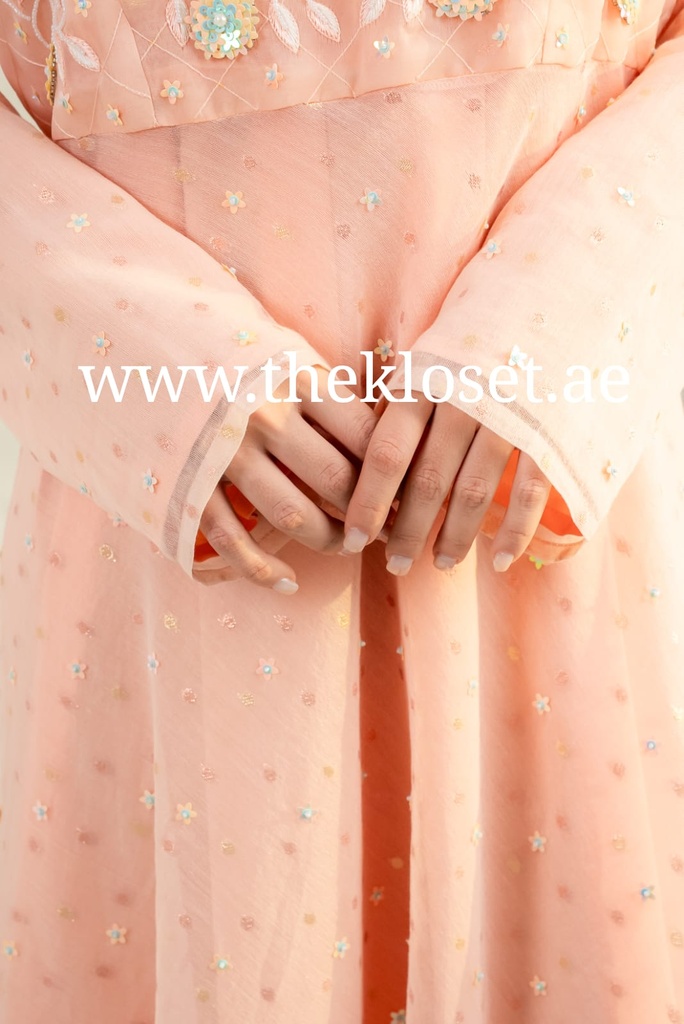 Peach Embroidered flower Design Midi Dress