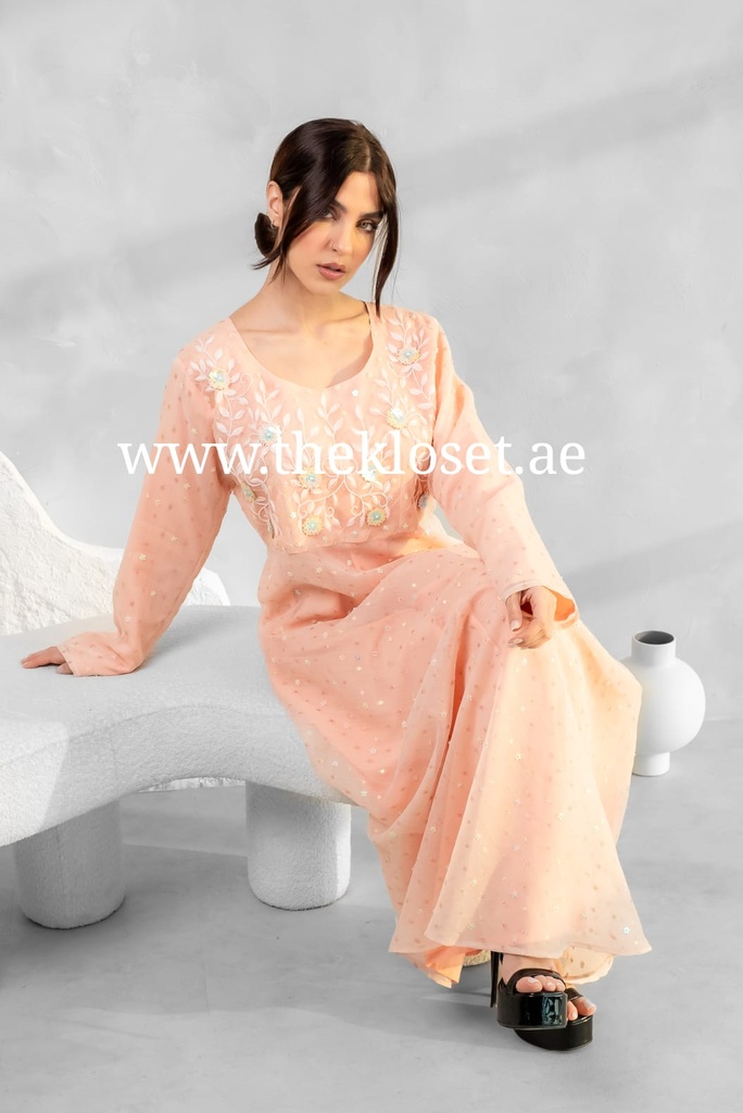 Peach Embroidered flower Design Midi Dress
