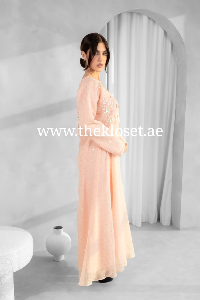 Peach Embroidered flower Design Midi Dress