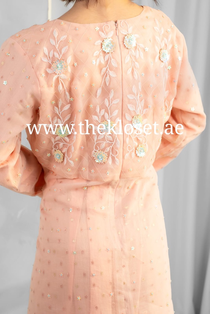 Peach Embroidered flower Design Midi Dress