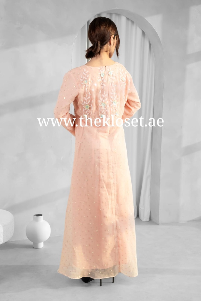 Peach Embroidered flower Design Midi Dress