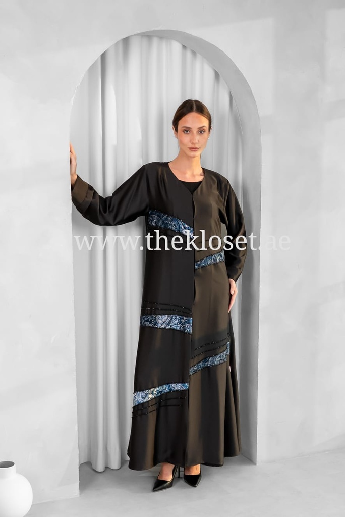 Cashew Velvet & stones strips black Abaya 