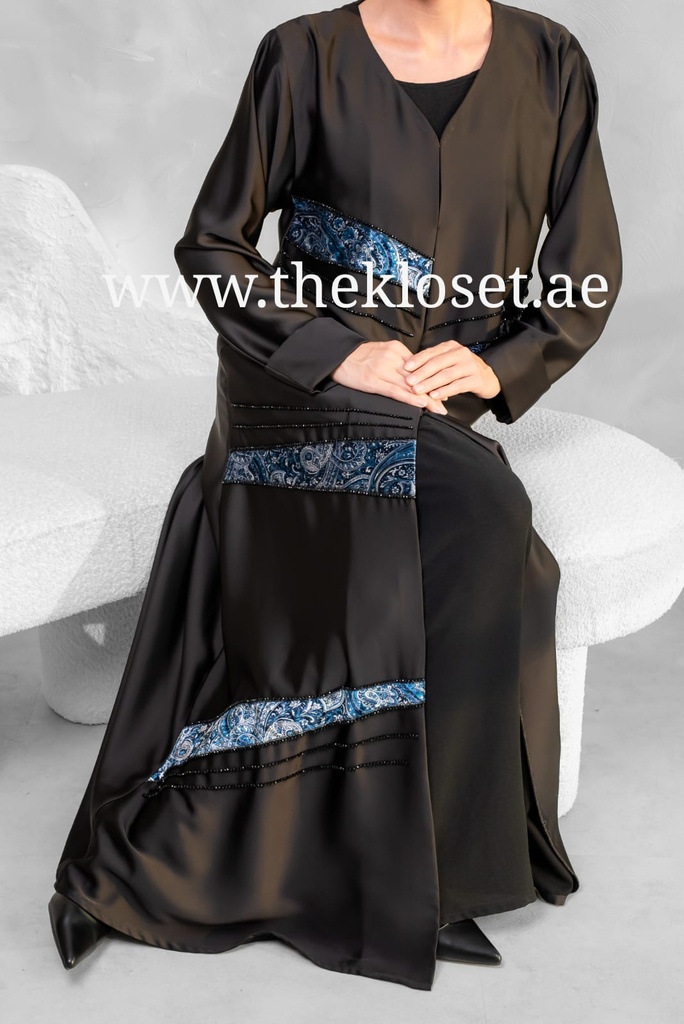 Cashew Velvet & stones strips black Abaya 