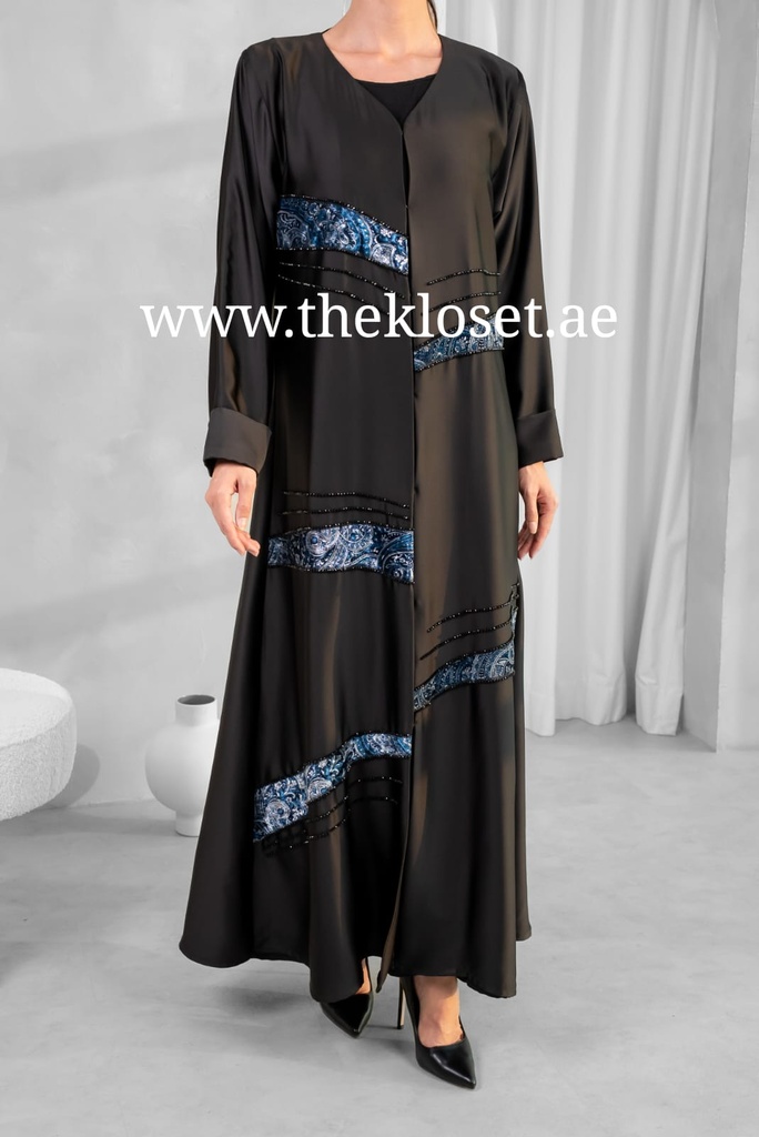 Cashew Velvet & stones strips black Abaya 