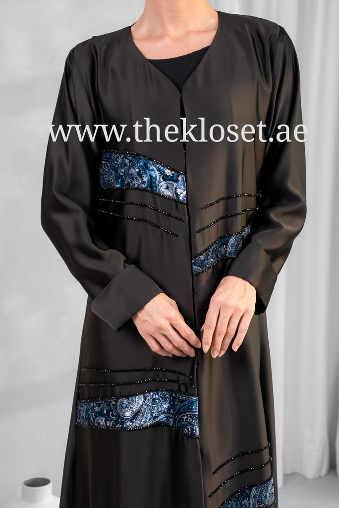 Cashew Velvet & stones strips black Abaya 