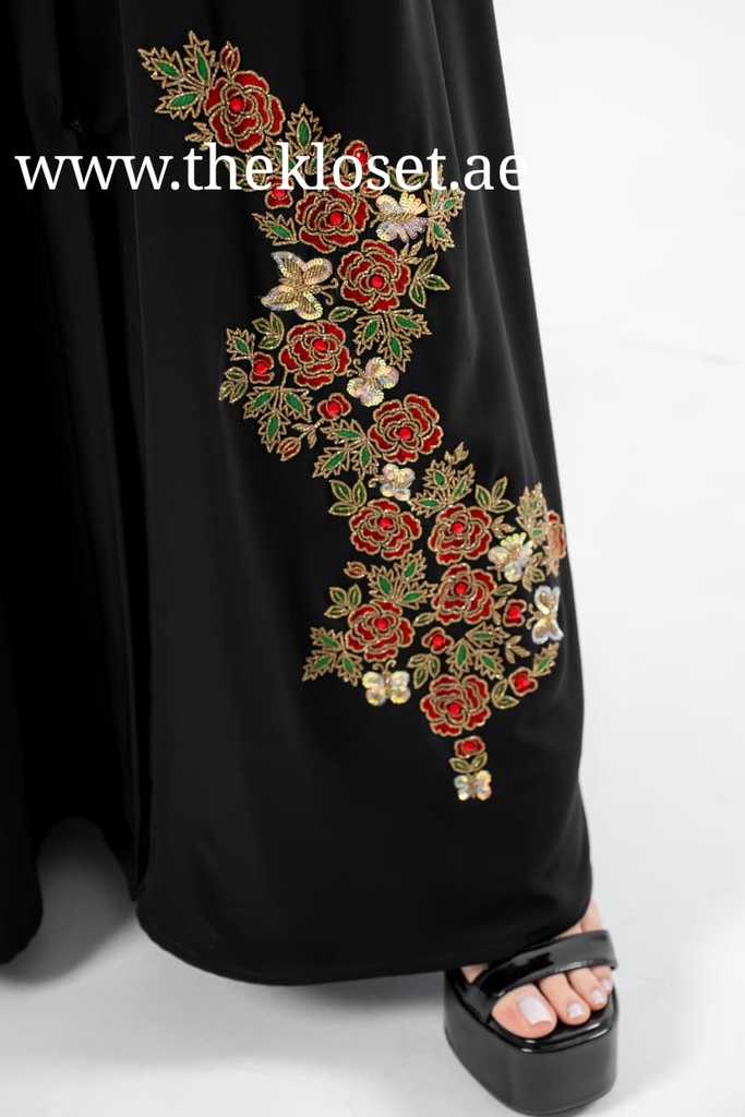 Beaded red floral black Abaya
