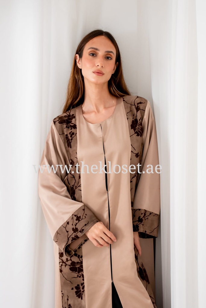 Brown silky velvet print Abaya