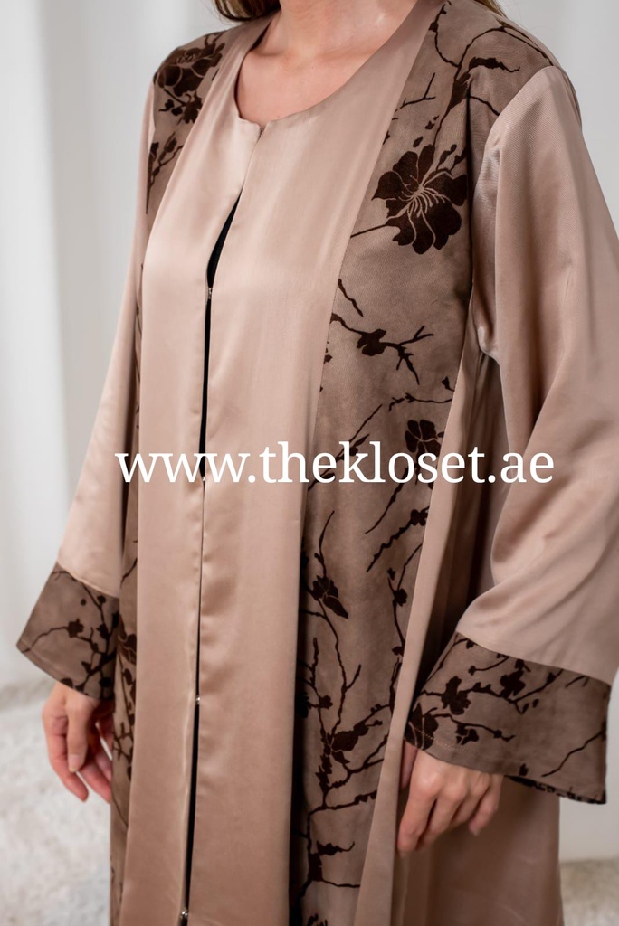 Brown silky velvet print Abaya