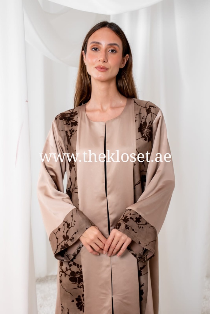 Brown silky velvet print Abaya
