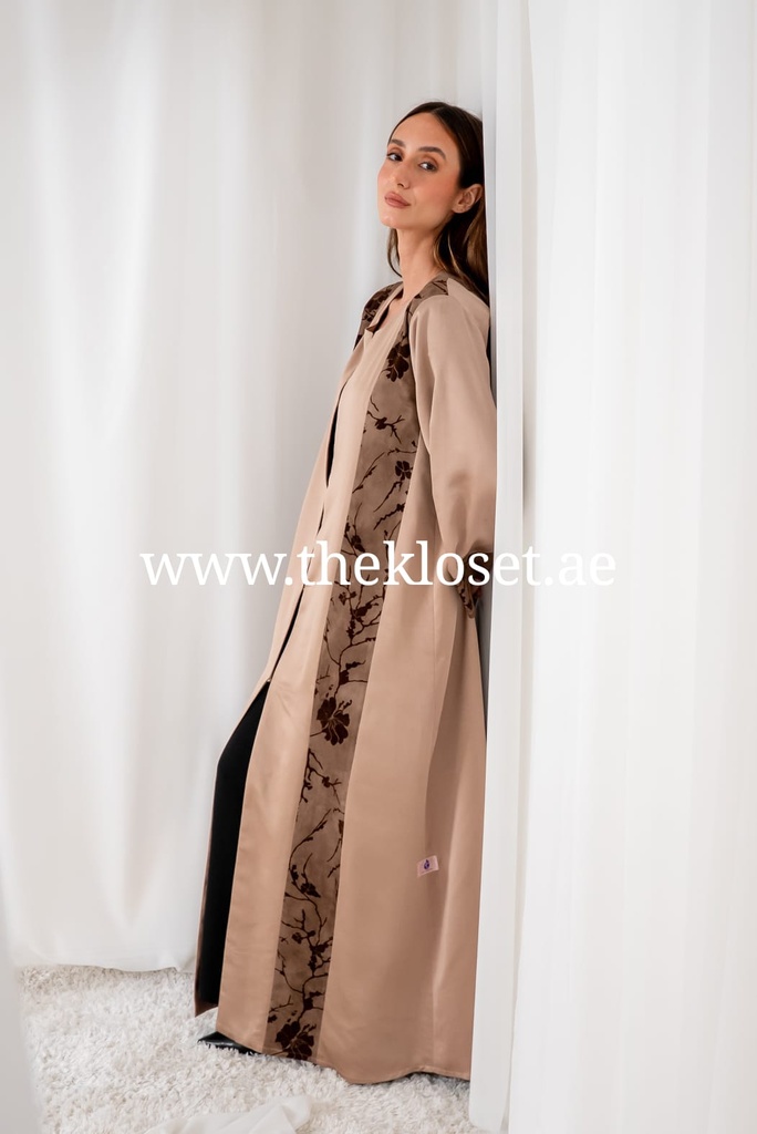 Brown silky velvet print Abaya