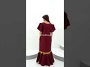 Burgundy embroidered dress with lantern sleeves and floral design