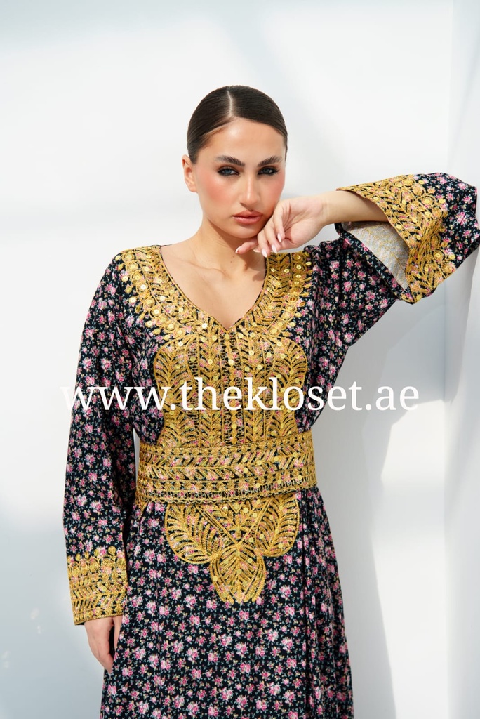 Floral Dress With Embroidery Gold Design