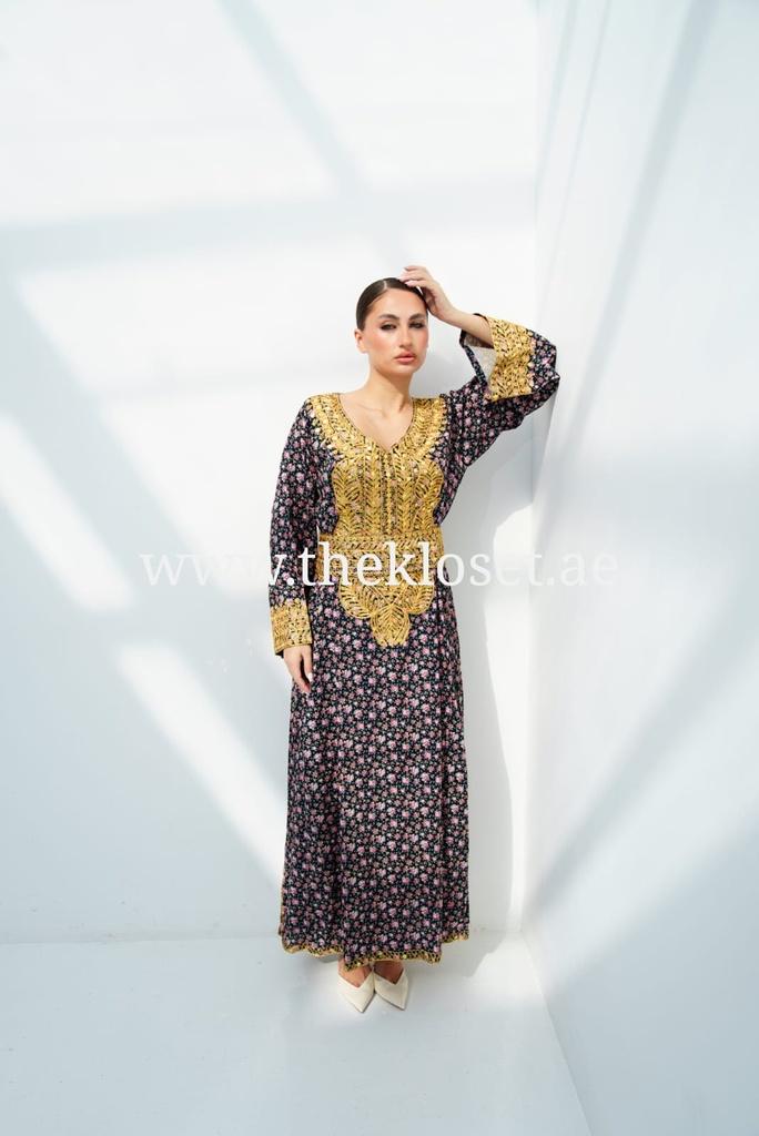Floral Dress With Embroidery Gold Design