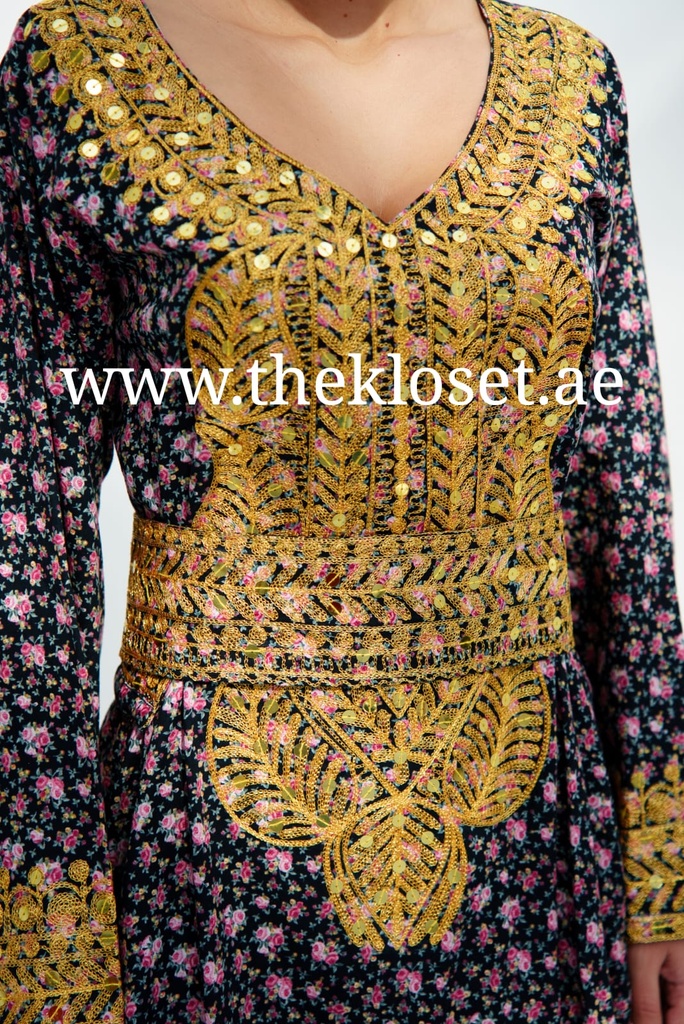 Floral Dress With Embroidery Gold Design