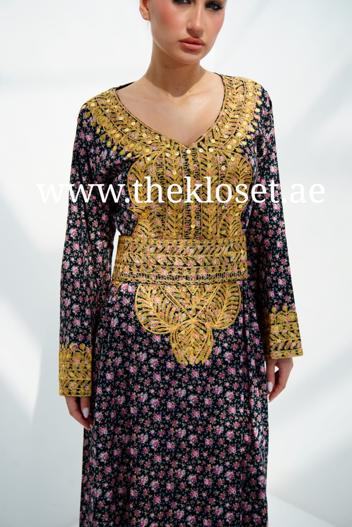 Floral Dress With Embroidery Gold Design