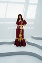 Burgundy embroidered dress with lantern sleeves and floral design