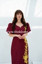 Burgundy embroidered dress with lantern sleeves and floral design