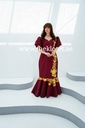 Burgundy embroidered dress with lantern sleeves and floral design