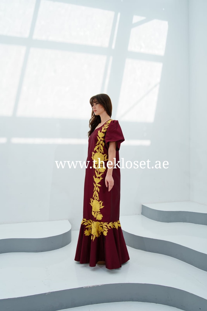 Burgundy embroidered dress with lantern sleeves and floral design