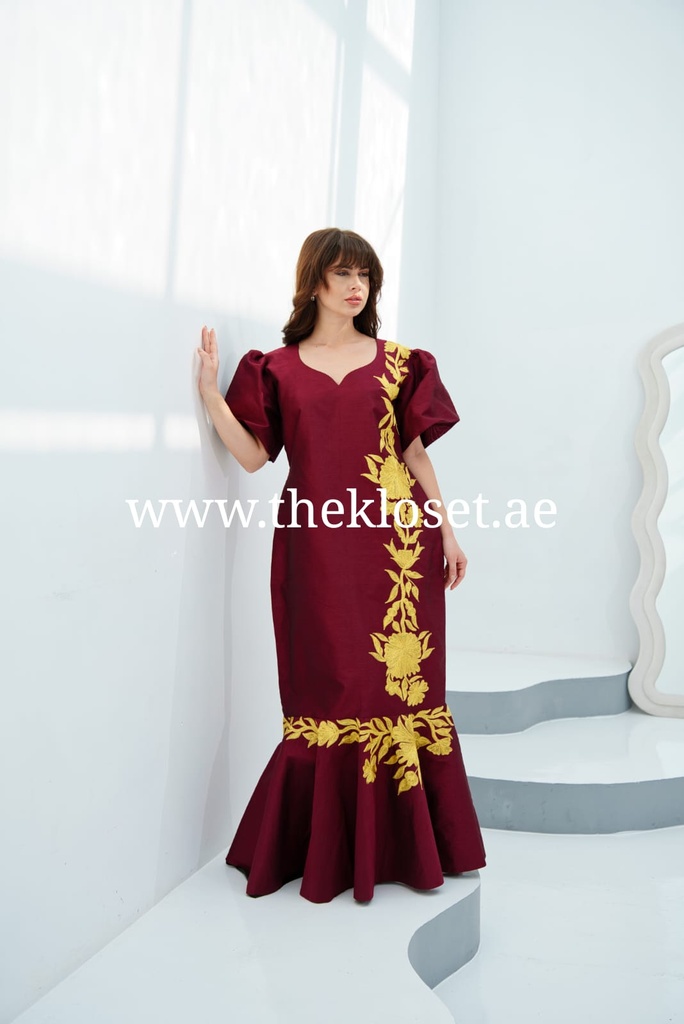 Burgundy embroidered dress with lantern sleeves and floral design