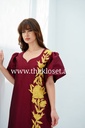 Burgundy embroidered dress with lantern sleeves and floral design