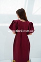 Burgundy embroidered dress with lantern sleeves and floral design