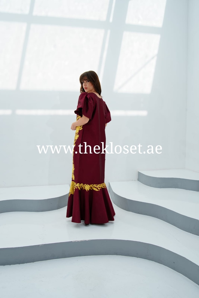 Burgundy embroidered dress with lantern sleeves and floral design