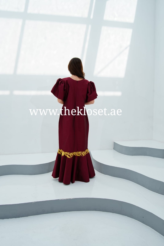 Burgundy embroidered dress with lantern sleeves and floral design