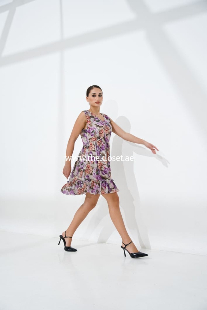 Floral Print Sleeveless Cute Midi Dress In Purple