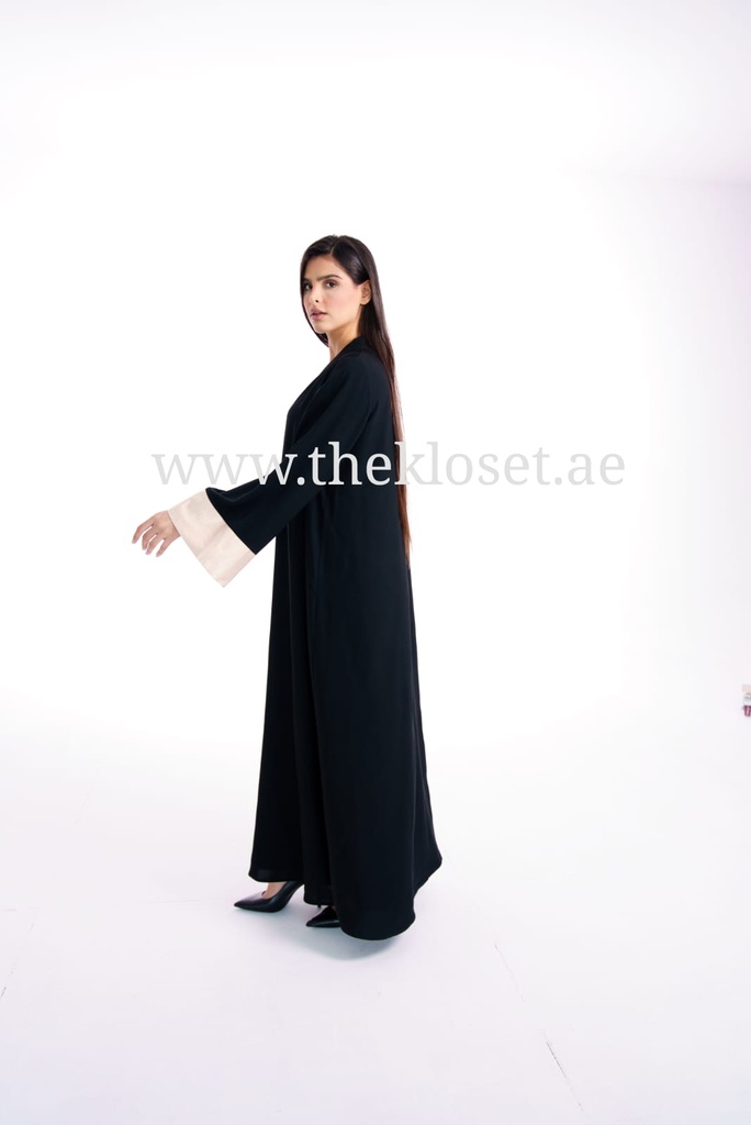 Silky black with beige cuffs Abaya