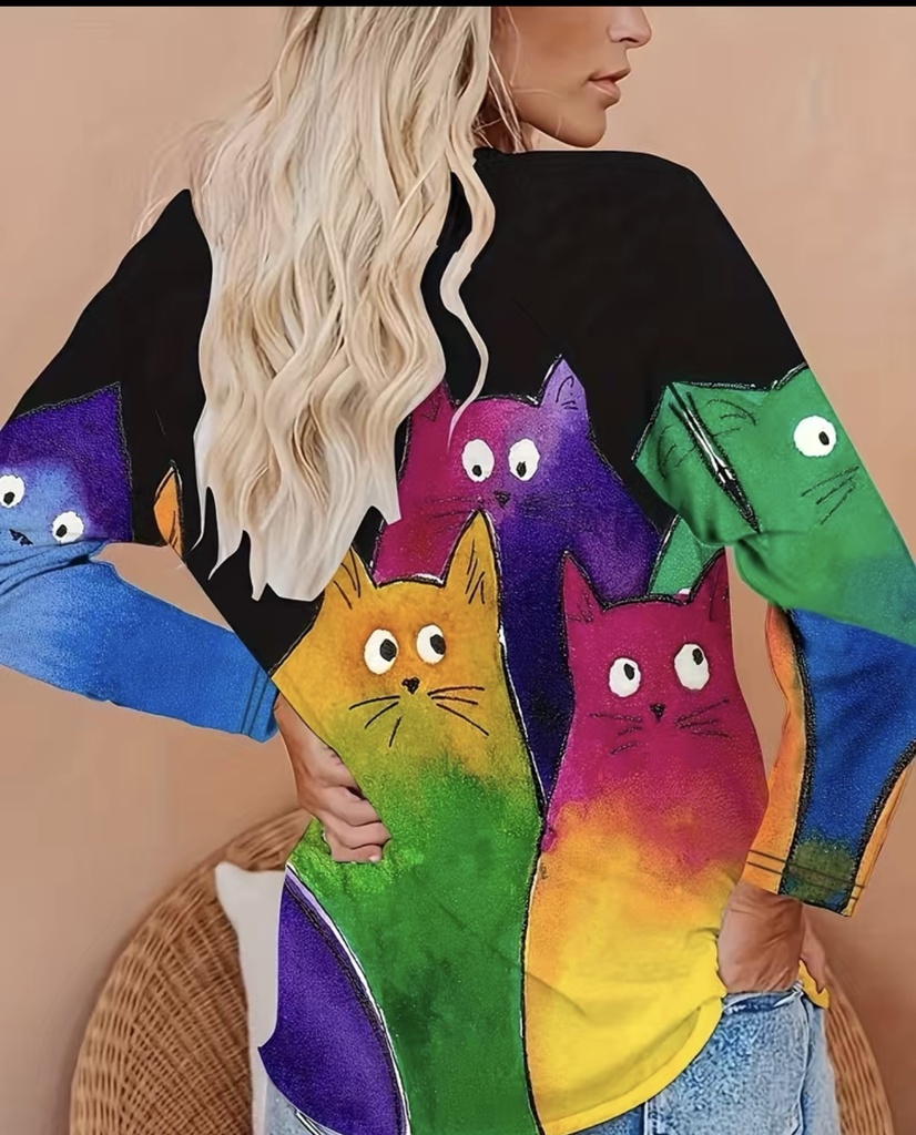 Colorful Cat Print Casual Shirt