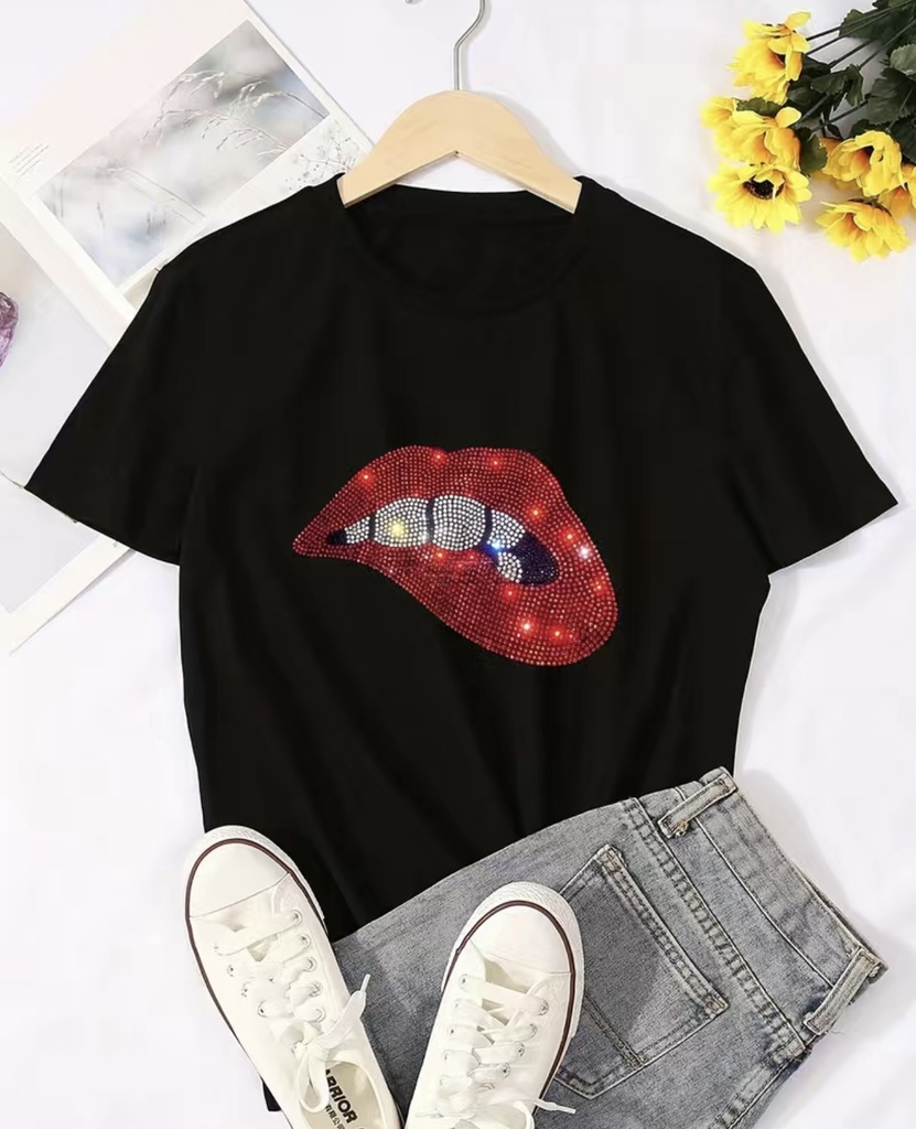 Red Rhinestone Lip T-Shirt