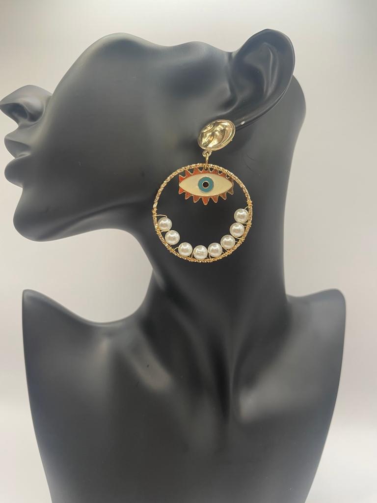 Evil Eye Pearl Circle Earrings
