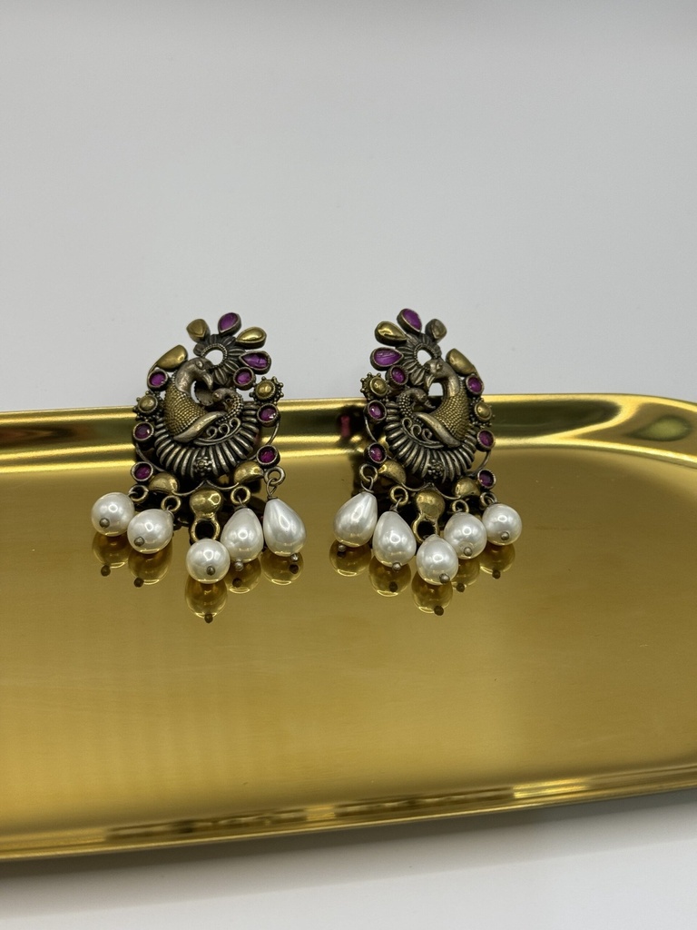 Purple stone & Pearls Peacock Earrings