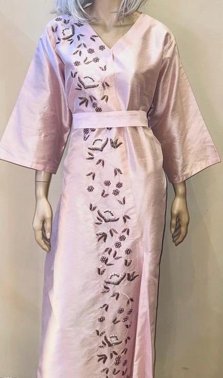 Elegant Pink  Belted Dress with Intricate Embroidery