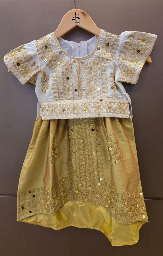 Traditional Belted Dress for Little Girls Decorated with Gold Sequins