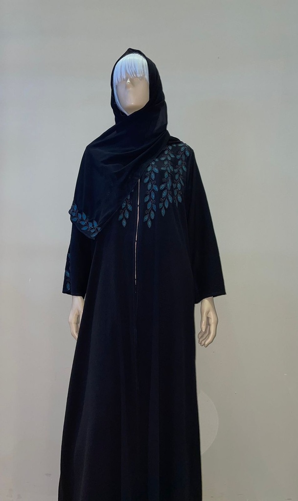 Blue Leaves on Black Abaya 
