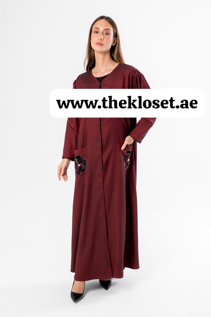 Maroon Hand Beaded Flowers Abaya 